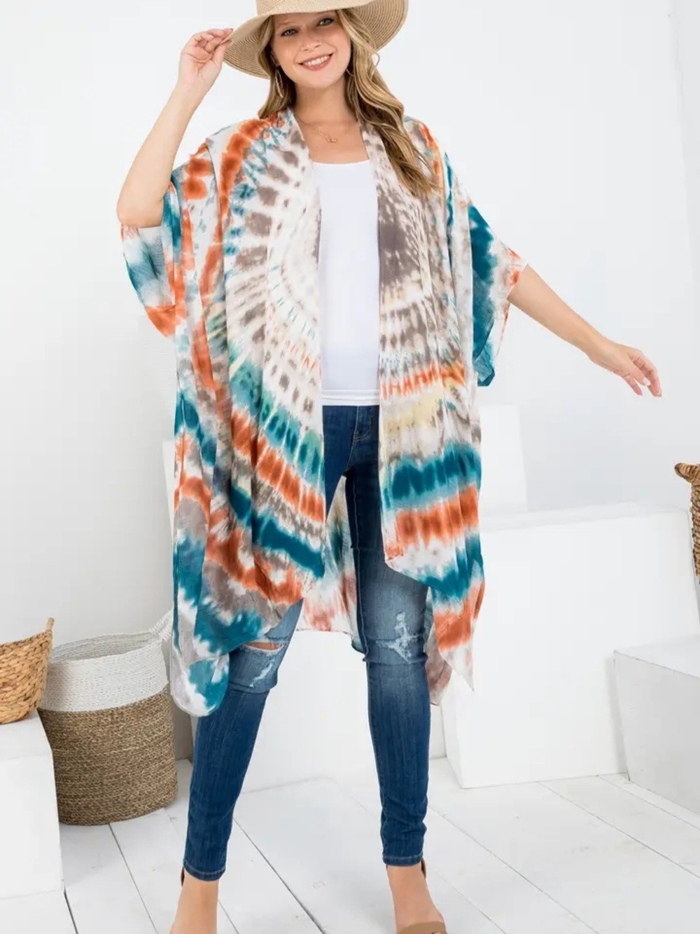 Tie-Dye Kimono Cardigan in Teal, Rust & Gray